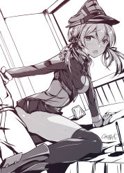 Rule 34 | 1boy, 1girl, admiral (kancolle), anchor hair ornament, bad id, bad pixiv id, bent over, blush, boots, breasts, clothes lift, desk, doggystyle, gloves, greyscale, hair ornament, hat, highres, holding another&#039;s arm, implied sex, indoors, kantai collection, knee boots, kobayashi chisato, large breasts, long hair, looking at viewer, low twintails, military, military uniform, monochrome, naval uniform, on desk, open mouth, peaked cap, prinz eugen (kancolle), sex, sex from behind, signature, skirt, skirt lift, solo focus, sweat, thighhighs, twintails, uniform