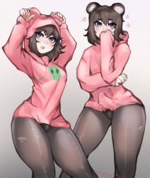 Rule 34 | 1boy, absurdres, animal ears, apandah, apandah (youtube), bear, blush, brown eyes, brown hair, bulge, curvy, erection, erection under clothes, gradient background, grey background, hair between eyes, heart, highres, hood, hoodie, leggings, long sleeves, nelewdy, open mouth, panda ears, pantyhose, penis, pink hoodie, raised eyebrows, short hair, simple background, solo, solo focus, source request, standing, tagme, teeth, testicles, thighs, tongue, tongue out, trap, upper teeth only, virtual youtuber, white background, youtube