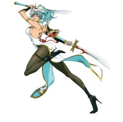 Rule 34 | 1girl, ass, bleach, bleach: brave souls, boots, breasts, chinese clothes, dress, facepaint, full body, green hair, grey eyes, high heels, highres, kubo tite, long hair, nelliel tu odelschwanck, official art, pantyhose, ponytail, simple background, skull, solo, sword, tattoo, weapon