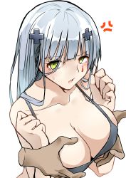 Rule 34 | 1girl, absurdres, blue hair, blush, breasts, cleavage, girls&#039; frontline, green eyes, hand on breast, hand on breasts, highres, hk416 (girls&#039; frontline), kyoyakyo, long hair, looking at viewer, open mouth, simple background, solo, white background