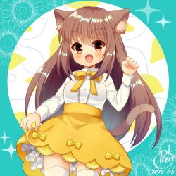 Rule 34 | 1girl, :d, animal ears, bad id, bad pixiv id, blush, bow, breasts, brown eyes, brown hair, cat ears, cat girl, cat tail, collared shirt, commentary request, dated, fang, fingernails, hair between eyes, hand up, high-waist skirt, long hair, long sleeves, looking at viewer, open mouth, original, pk (mukasihasakana), shirt, signature, skirt, small breasts, smile, solo, tail, thighhighs, very long hair, white shirt, white thighhighs, yellow bow, yellow skirt