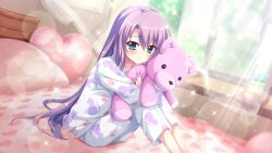 Rule 34 | 1girl, animal print, aqua eyes, bed, bedroom, blush, cat print, curtains, day, dot nose, drawing (object), dutch angle, film grain, game cg, heart, heart-shaped pillow, heart print, hugging doll, hugging object, indoors, izumi tsubasu, knees up, lens flare, long hair, looking at viewer, non-web source, official art, on bed, open window, pajamas, paw print, paw print pattern, pillow, purple hair, re:stage!, solo, sparkle, stuffed animal, stuffed toy, teddy bear, tsukisaka sayu, very long hair, white pajamas, window