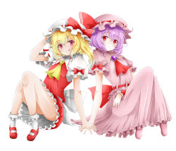 Rule 34 | 2girls, :/, :q, arm across waist, ascot, blonde hair, blouse, blush, bobby socks, bow, brooch, commentary request, flandre scarlet, frilled skirt, frills, hair between eyes, hand on headwear, hat, hat ribbon, head tilt, holding hands, jewelry, knees together feet apart, knees up, long skirt, looking at viewer, makoto5391, mary janes, mob cap, multiple girls, nail polish, no wings, petticoat, pink footwear, pink headwear, pink nails, pink shirt, pink skirt, puffy short sleeves, puffy sleeves, purple hair, red ascot, red bow, red eyes, red footwear, red skirt, red vest, remilia scarlet, ribbon, shirt, shoes, short hair, short sleeves, siblings, side-by-side, side ponytail, simple background, sisters, sitting, skirt, socks, tongue, tongue out, touhou, vest, white background, white headwear, white legwear, white shirt, wrist cuffs, yellow ascot