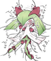 Rule 34 | 1girl, @ @, armpits, arms up, between legs, breath, colored skin, creatures (company), crying, fang, female focus, flat chest, full body, game freak, gen 3 pokemon, green hair, green skin, hair over one eye, hand between legs, heart, japanese text, kirlia, long hair, mashimaromochiko, mechanical arm, mechanical arms, multicolored skin, multiple hands, nintendo, nobiiru arm, one eye covered, open mouth, pokemon, pokemon (creature), red eyes, restrained, sidelocks, simple background, single mechanical arm, smile, solo, tears, tickling, tickling armpits, tickling ass, tickling face, tickling feet, tickling legs, tickling pussy, tickling stomach, translation request, two-tone skin, white background, white skin, wide-eyed