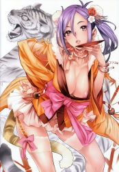 Rule 34 | 1girl, absurdres, animal print, bracelet, breasts, brown eyes, choker, cleavage, contrapposto, cup, flower, garter straps, hair flower, hair ornament, hand on own hip, highres, japanese clothes, jewelry, large breasts, leaning forward, lips, long hair, looking at viewer, nishieda, obi, panties, purple hair, sakazuki, sash, scan, see-through, see-through legwear, side ponytail, solo, standing, thighhighs, tiger, tiger print, underwear, white panties, white thighhighs, wide sleeves