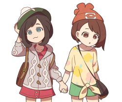 Rule 34 | 2girls, backpack, bag, beanie, brown bag, brown eyes, brown hair, buttons, cable knit, cardigan, closed mouth, collared dress, commentary, cosplay, costume switch, creatures (company), dress, floral print, game freak, gloria (pokemon), green headwear, green shorts, grey cardigan, hat, holding hands, hooded cardigan, multiple girls, nintendo, pink dress, pokemon, pokemon sm, pokemon swsh, selene (pokemon), shirt, short hair, short shorts, short sleeves, shorts, shoulder bag, simple background, smile, ssalbulre, t-shirt, tam o&#039; shanter, tied shirt, white background