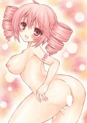 Rule 34 | 1girl, absurdres, ahoge, arched back, arm tattoo, ass, blush, breasts, censored, cum, drill hair, highres, kasane teto, large breasts, looking at viewer, looking back, medium hair, nipples, nude, open mouth, partially visible vulva, red eyes, red hair, solo, standing, tattoo, traditional media, twin drills, twintails, utau, waitan1729