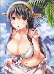 Rule 34 | 1girl, absurdres, bikini, black hair, breasts, brown eyes, cleavage, covered erect nipples, day, diffraction spikes, fukase ayaka, hair ornament, hairband, hairclip, haruna (kancolle), headgear, highres, kantai collection, large breasts, leaning forward, long hair, mouth hold, navel, nontraditional miko, ocean, outdoors, palm tree, sarong, scan, see-through, solo, stomach, swimsuit, tree, untied bikini, white bikini
