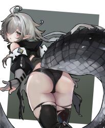 Rule 34 | 1girl, arknights, ass, ass focus, black panties, black thighhighs, blush, cowboy shot, crocodilian tail, eyes visible through hair, from behind, gloves, green background, grey gloves, grey hair, hair over one eye, highres, idashige (walkietalkie), long hair, panties, parted lips, partially fingerless gloves, pointy ears, simple background, solo, tail, thighhighs, thighs, tomimi (arknights), torn clothes, torn thighhighs, underwear, yellow eyes