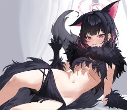 1girl absurdres animal_ears bikini black_bikini black_gloves black_hair blue_archive cat_ears cat_girl claws closed_mouth colored_inner_animal_ears colored_inner_hair crop_top elbow_gloves extra_ears fake_tail fur_trim gloves highres kazusa_(blue_archive) kazusa_(halloween)_(blue_archive) looking_at_viewer momocadraw multicolored_hair sidelocks swimsuit tail two-tone_hair werewolf_costume wolf_tail