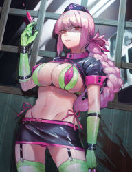 Rule 34 | 1girl, belt, belt buckle, bikini, blood, braid, breasts, buckle, curvy, fate/grand order, fate (series), female focus, florence nightingale (fate), florence nightingale (trick or treatment) (fate), gloves, green bikini, green gloves, green thighhighs, hair between eyes, hair tie, hat, highres, holding, holding syringe, large breasts, long hair, looking at viewer, navel, nurse cap, official alternate costume, pink hair, red eyes, revealing clothes, shaded face, short sleeves, shrug (clothing), single braid, solo, swimsuit, syringe, thighhighs, thong, usuke (u skeeep)