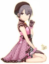 Rule 34 | 1girl, bare arms, bare shoulders, black eyes, black gloves, brown hat, closed mouth, clothes writing, dated, dress, earrings, frilled dress, frills, from side, gloves, grey hair, hand up, hat, heart, idolmaster, idolmaster cinderella girls, jewelry, looking at viewer, looking to the side, nail polish, otokura yuuki, pink dress, pink nails, polka dot, short hair, signature, simple background, sleeveless, sleeveless dress, smile, solo, tarachine, white background
