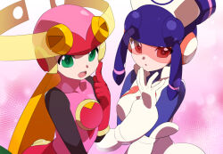 Rule 34 | 2girls, bodysuit, breasts, gloves, green eyes, helmet, kaidou zx, leotard, meddy.exe (mega man), medium breasts, mega man (series), mega man battle network, multiple girls, roll.exe, size difference, small breasts