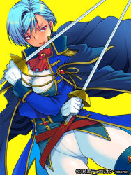 Rule 34 | blue hair, breasts, coat, eroe, large breasts, red eyes, sword, weapon