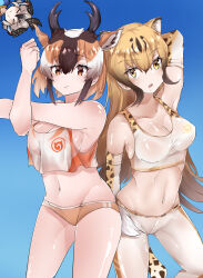 Rule 34 | 3girls, animal ears, animal print, arm at side, arm behind head, arm up, armpits, arms up, bare arms, bare shoulders, black hair, blonde hair, breasts, brown eyes, brown hair, buruma, cheetah (kemono friends), cheetah ears, cheetah girl, cheetah print, cheetah tail, closed eyes, closed mouth, commentary request, crop top, crop top overhang, crotch seam, elbow gloves, extra ears, eyelashes, facing viewer, gloves, gradient background, greater roadrunner (kemono friends), grey hair, hair between eyes, highres, horizontal pupils, horns, kemono friends, kemono friends 2, leggings, light brown hair, long hair, looking at viewer, medium breasts, medium hair, multicolored hair, multiple girls, navel, outstretched arm, parted lips, print gloves, print leggings, print sports bra, pronghorn (kemono friends), see-through silhouette, shiny clothes, shiny skin, shirt, side-by-side, sideboob, sports bra, sportswear, spotted hair, stomach, tail, v-shaped eyebrows, very long hair, white hair, wifi1981321, yellow eyes