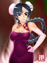 Rule 34 | 00s, 1girl, black hair, blue eyes, breasts, bun cover, china dress, chinese clothes, cleavage, cleavage cutout, clothing cutout, double bun, dress, elbow gloves, gloves, gundam, gundam 00, hand on own hip, kosame daizu, large breasts, looking at viewer, pink gloves, red dress, serious, solo, wang liu mei