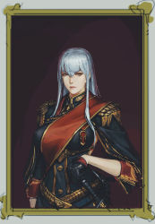 Rule 34 | 1girl, black gloves, border, breasts, brown eyes, closed mouth, epaulettes, gloves, hair between eyes, highres, holding, holding sword, holding weapon, large breasts, long hair, military, military uniform, portrait, portrait (object), selvaria bles, senjou no valkyria, senjou no valkyria (series), senjou no valkyria 1, silver hair, standing, sword, talentkong, uniform, weapon, white border