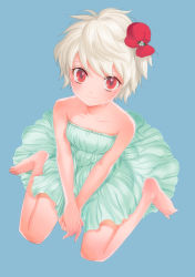 Rule 34 | 1girl, bare shoulders, barefoot, dress, flat chest, flower, foreshortening, highres, original, red eyes, short hair, simple background, sitting, smile, solo, v arms, wariza, white hair, yurinko