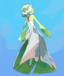 Rule 34 | 1girl, blue background, bob cut, chikichi, closed mouth, colored skin, creatures (company), expressionless, female focus, flat chest, from below, full body, game freak, gardevoir, gen 3 pokemon, green hair, green skin, hair between eyes, highres, multicolored skin, nintendo, pokemon, pokemon (creature), red eyes, short hair, simple background, sketch, solo, two-tone skin, white skin