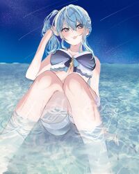 Rule 34 | 1girl, :p, bikini, blue eyes, blue hair, highres, hololive, hoshimachi suisei, looking at viewer, medium hair, mei hinamatsu, night, night sky, partially submerged, side ponytail, sitting, sky, solo, star (sky), starry sky, swimsuit, tongue, tongue out, virtual youtuber, water, wet