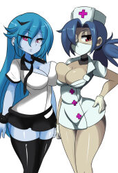 Rule 34 | 2girls, :&lt;, absurdres, bare legs, blue hair, blue skin, blush, breasts, breasts squeezed together, cleavage, colored skin, cowboy shot, curvy, dress, expressionless, eyepatch, gloves, hair over one eye, hand on own hip, hat, highres, large breasts, long hair, lucy (lucyfer), lucyfer, mask, miniskirt, mouth mask, multiple girls, nurse, nurse cap, original, pink eyes, ponytail, red eyes, school uniform, shiny skin, shirt, short dress, simple background, skirt, skullgirls, standing, thighhighs, thighs, valentine (skullgirls), very long hair, white background, white gloves, white shirt, wide hips