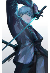 Rule 34 | 1boy, black gloves, black jacket, black necktie, black pants, blue hair, brown eyes, closed mouth, collared shirt, commentary request, cowboy shot, expressionless, fate/grand order, fate (series), formal, from below, gloves, gradient background, holding, holding sword, holding weapon, jacket, katana, long sleeves, looking at viewer, looking down, male focus, necktie, pants, saitou hajime (fate), sei 8220, serious, shirt, short hair, solo, sword, twitter username, weapon, white shirt