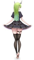 Rule 34 | 1girl, absurdres, antlers, barefoot, ceres fauna, ceres fauna (goth), fishnet thighhighs, fishnets, flower, from behind, full body, green hair, hair flower, hair ornament, highres, hololive, hololive english, horns, long hair, looking at viewer, looking back, shirt, simple background, skindentation, skirt, solo, somebody (leiking00), t-shirt, thigh strap, thighhighs, virtual youtuber, white background, yellow eyes, zettai ryouiki