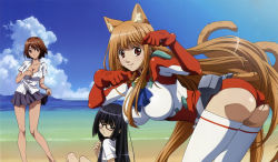 Rule 34 | 3girls, animal ears, ascot, asobi ni iku yo!, ass, beach, bell, belt, belt pouch, bent over, black-framed eyewear, black eyes, black hair, blunt bangs, blush, bob cut, bodysuit, bracer, breasts, brown eyes, brown hair, cat ears, cat tail, cleavage, clenched hand, clothes lift, clothing cutout, cloud, collar, collared shirt, day, eris (asobi ni iku yo!), extra ears, flat chest, from side, futaba aoi (asobi ni iku yo!), glasses, gloves, hair over shoulder, highres, hime cut, huge ass, impossible clothes, jingle bell, kinjou manami, large breasts, legs, leotard, light brown hair, long hair, long legs, looking at viewer, looking back, miniskirt, multiple girls, neck bell, ocean, official art, on ground, outdoors, parted lips, paw pose, pleated skirt, pouch, raised eyebrows, red eyes, scan, school, school uniform, shirt, short hair, short sleeves, sidelocks, sitting, skirt, skirt lift, sky, small breasts, smile, standing, tail, tail through clothes, thighhighs, turtleneck, uniform, very long hair, watch, water, wet, white legwear, wristwatch