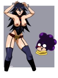 Rule 34 | 10s, 1boy, 1girl, age difference, arms up, artist request, belt, belt buckle, black hair, blood, blue eyes, boku no hero academia, boots, breasts, breasts out, buckle, cuffs, dominatrix, facing viewer, full body, functionally nude, garter straps, grey background, hair between eyes, handcuffs, hands up, happy, head only, highres, long hair, looking at another, looking at viewer, mask, medium breasts, midnight (boku no hero academia), mineta minoru, mole, mole under eye, nail polish, nipples, no bra, no mask, no panties, no pupils, nosebleed, partially undressed, pervert, pubic hair, purple hair, pussy, scarf, seductive smile, simple background, smile, spiked hair, standing, teacher and student, teeth, thighhighs, tongue, uncensored, very long hair