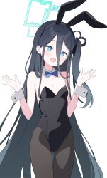 Rule 34 | 1girl, absurdly long hair, absurdres, animal ears, aris (blue archive), black hair, black leotard, black pantyhose, blue archive, blue bow, blue eyes, blush, bow, breasts, covered navel, cowboy shot, detached collar, fake animal ears, highres, jyt, leotard, long hair, looking at viewer, open mouth, pantyhose, rabbit ears, ringed eyes, simple background, small breasts, smile, solo, strapless, strapless leotard, very long hair, white background, wrist cuffs