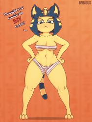 Rule 34 | 1girl, animal crossing, animal ears, animated, animated gif, ankha (animal crossing), artist name, bandages, bare shoulders, black eyes, black hair, blunt bangs, bnbigus, bob cut, breasts, cat ears, cat tail, cleavage, closed mouth, collarbone, full body, furry, furry female, half-closed eyes, hands on own hips, legs, medium breasts, naked bandage, navel, nintendo, orange background, short hair, solo, standing, tail, text focus, thick thighs, thighs, underboob