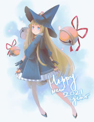 Rule 34 | 1girl, 2021, bell, blonde hair, blue dress, blue eyes, blue gloves, blue headwear, blush, dress, frilled dress, frills, gloves, happy new year, hat, highres, long hair, mysoda, neck bell, new year, original, oversized object, red ribbon, ribbon, smile, very long hair, wide sleeves