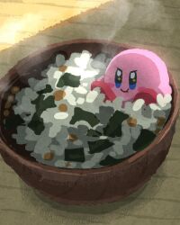 Rule 34 | + +, blue eyes, blush stickers, bowl, chewing, closed mouth, colored skin, commentary request, food, furrowed brow, highres, in food, kirby, kirby (series), miclot, nintendo, no humans, oversized food, oversized object, pink skin, red footwear, rice, shoes, sitting, smile, solo, sparkling eyes, steam, table