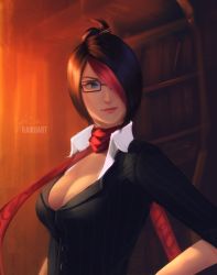 Rule 34 | 1girl, alternate costume, artist name, black-framed eyewear, black hair, black jacket, blue eyes, bookshelf, breasts, buttons, cleavage, closed mouth, collared shirt, dress shirt, fiora (league of legends), glasses, hair over one eye, headmistress fiora, indoors, jacket, large breasts, league of legends, library, lips, long sleeves, looking to the side, multicolored hair, raikoart, red hair, red scarf, scarf, shirt, short hair, signature, smile, solo, streaked hair, sunlight, upper body, white shirt