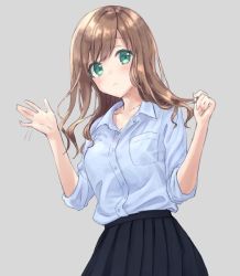 Rule 34 | 1girl, blue skirt, blush, breast pocket, brown hair, closed mouth, collared shirt, commentary request, green eyes, grey background, grey shirt, hand up, hands up, looking at viewer, original, pleated skirt, pocket, rimo, shirt, simple background, skirt, sleeves pushed up, solo