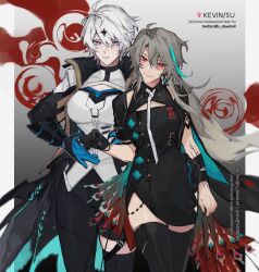 Rule 34 | ahoge, alternate costume, black gloves, black thighhighs, breasts, character name, closed mouth, commentary, corruption, earrings, english commentary, english text, genderswap, genderswap (mtf), gloves, hair between eyes, hair ornament, honkai (series), honkai impact 3rd, jewelry, kevin kaslana, large breasts, long hair, long sleeves, looking at another, multicolored hair, open hand, peacock feathers, pixiv username, red eyes, s dovetail, short hair, star (symbol), star hair ornament, streaked hair, su (honkai impact), thighhighs, twitter username, white hair