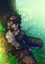 Rule 34 | 1girl, absurdres, boots, breasts, demya dalliante, facial mark, from above, grass, greyscale, headband, highres, large breasts, looking at viewer, monochrome, navel, neck, nose, on grass, risk hunters, sitting, smile, solo, tenk, tree, yellow eyes