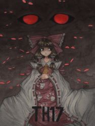 Rule 34 | 1girl, absurdly long sleeves, absurdres, ascot, bow, brown eyes, brown hair, dark background, darkness, eyes in shadow, frilled bow, frills, frown, hakurei reimu, highres, long hair, long skirt, looking back, own hands together, patterned clothing, red bow, red eyes, ribbon-trimmed sleeves, ribbon trim, skirt, solo, standing, touhou, traditional media, wide sleeves, yellow ascot, yuurenkyouko