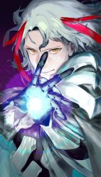 Rule 34 | 1boy, absurdres, alternate costume, armor, body armor, close-up, fate/grand order, fate (series), fighting stance, gloves, glowing, glowing hand, gradient background, highres, light smile, long sleeves, looking at viewer, male focus, multicolored hair, odysseus (fate), qmiqun, red hair, smile, solo, streaked hair, two-tone hair, upper body, white armor, white hair, yellow eyes