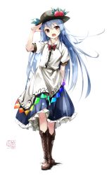 Rule 34 | 1girl, blue hair, boots, cross-laced footwear, food, fruit, gorilla (bun0615), hat, highres, hinanawi tenshi, long hair, looking at viewer, open mouth, peach, puffy short sleeves, puffy sleeves, red eyes, shirt, short sleeves, skirt, solo, touhou, very long hair