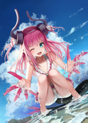 Rule 34 | 1girl, absurdres, ass, bikini, blue eyes, blue sky, breasts, cloud, commentary request, curled horns, day, dragon horns, dragon tail, elizabeth bathory (beach bloody demoness) (fate), elizabeth bathory (fate), elizabeth bathory (fate/extra ccc), fang, fate/extella, fate/extella link, fate/extra, fate (series), hair ribbon, highres, horns, in water, long hair, looking at viewer, official alternate costume, one eye closed, outdoors, pink hair, pointy ears, ribbon, sky, small breasts, smile, solo, sunga2usagi, swimsuit, tail, two side up, water, white bikini