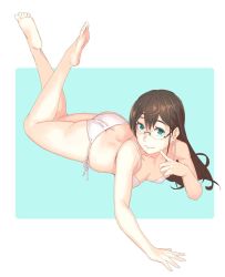 Rule 34 | 1girl, ahoge, alternate costume, aqua background, barefoot, bikini, blush, breasts, brown hair, butt crack, closed mouth, collarbone, full body, glasses, green eyes, hair between eyes, highres, kantai collection, long hair, looking at viewer, lying, medium breasts, on stomach, ooyodo (kancolle), outside border, rimless eyewear, side-tie bikini bottom, simple background, smile, solo, string bikini, swimsuit, the pose, white background, white bikini, yuuji (and)