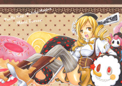 Rule 34 | 10s, 1girl, amanosora, bad id, bad pixiv id, beret, blonde hair, boots, breasts, brown thighhighs, character name, charlotte (madoka magica), detached sleeves, doughnut, drill hair, fingerless gloves, food, gloves, gun, hair ornament, hairpin, hat, large breasts, magical girl, magical musket, mahou shoujo madoka magica, mahou shoujo madoka magica (anime), panties, pantyshot, pleated skirt, puffy sleeves, ribbon, rifle, skirt, striped clothes, striped thighhighs, thighhighs, tomoe mami, tomoe mami (magical girl), twin drills, twintails, underwear, upskirt, vertical-striped clothes, vertical-striped thighhighs, weapon, yellow eyes, zettai ryouiki