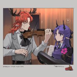 Rule 34 | 1boy, 1girl, ?, animal ears, antlers, arknights, ascot, black ascot, black gloves, black jacket, black necktie, black ribbon, border, closed eyes, closed mouth, collared shirt, corsage, czerny (arknights), deer antlers, deer boy, deer ears, english text, flower, furrowed brow, gloves, grey border, grey vest, hair ribbon, half updo, hibiscus (arknights), hibiscus the purifier (arknights), highres, holding, horns, indoors, infection monitor (arknights), instrument, instrument case, jacket, long hair, long sleeves, looking at another, monocle, music, music stand, necktie, noshima, open clothes, open jacket, orange hair, parted bangs, pink flower, playing instrument, pointy ears, purple eyes, purple hair, purple vest, ribbon, scowl, sheet music, shirt, smile, spoken question mark, squiggle, upper body, vest, violin, white shirt