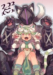 Rule 34 | 1boy, 1girl, animal ears, animal hands, bad id, bad pixiv id, black coat, black gloves, black pants, blush, bondrewd, boots, cat ears, cat paws, cat tail, claw pose, claws, coat, collared coat, curtsey, fangs, gloves, green hair, heart, helmet, kemonomimi mode, looking at viewer, made in abyss, mask, meinya (made in abyss), multicolored hair, neckerchief, pants, paw gloves, prushka, red eyes, saiko67, sitting, smile, standing, tail, white hair