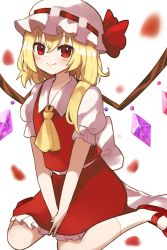 Rule 34 | 1girl, apron, ascot, bat wings, blonde hair, blouse, bow, closed mouth, crystal, flandre scarlet, frilled shirt, frilled shirt collar, frilled skirt, frilled sleeves, frills, hat, hat ribbon, highres, machimo, medium hair, mob cap, one side up, puffy short sleeves, puffy sleeves, red bow, red eyes, red ribbon, red skirt, red vest, ribbon, shirt, short sleeves, siblings, side ponytail, skirt, skirt set, smile, touhou, vest, white shirt, wings, wrist cuffs, yellow ascot