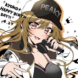 Rule 34 | 1girl, bakkanda, baseball cap, black shirt, brown eyes, brown hair, character name, crown, d4dj, dated, fur-trimmed jacket, fur trim, grey background, happy birthday, hat, headphones, headphones around neck, highres, holding, holding microphone, jacket, long sleeves, microphone, open mouth, pink nails, shirt, smile, solo, sparkle, tank top, white jacket, yamate kyouko