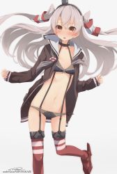 Rule 34 | 10s, 1girl, :o, absurdres, amatsukaze (kancolle), artist name, bad id, bad pixiv id, black bra, black panties, blush, bra, character name, choker, dress, garter straps, grey background, grey hair, hair tubes, headgear, highres, jacket, kantai collection, leg up, lingerie, long hair, long sleeves, looking at viewer, open clothes, open jacket, open mouth, panties, red thighhighs, sailor collar, sailor dress, shuutou haruka, side-tie panties, simple background, solo, standing, standing on one leg, striped clothes, striped thighhighs, thighhighs, two side up, underwear, very long hair, yellow eyes