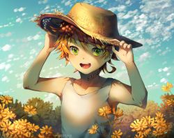 Rule 34 | 1girl, :d, adjusting clothes, adjusting headwear, artist name, blouse, blue sky, cloud, day, emma (yakusoku no neverland), field, flower, flower field, green eyes, hands up, hat, highres, kkotto, looking at viewer, neck tattoo, number tattoo, open mouth, orange hair, outdoors, shirt, short hair, sky, sleeveless, sleeveless shirt, smile, solo, straw hat, sun hat, tattoo, watermark, white shirt, yakusoku no neverland