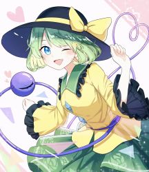 1girl black_hat blouse blue_eyes bow collared_shirt eyeball floral_print frilled_shirt_collar frilled_sleeves frills green_hair green_skirt hat hat_bow hat_ribbon heart heart_of_string highres komeiji_koishi long_sleeves nyanaya ribbon shirt skirt third_eye touhou wavy_hair wide_sleeves yellow_bow yellow_ribbon yellow_shirt